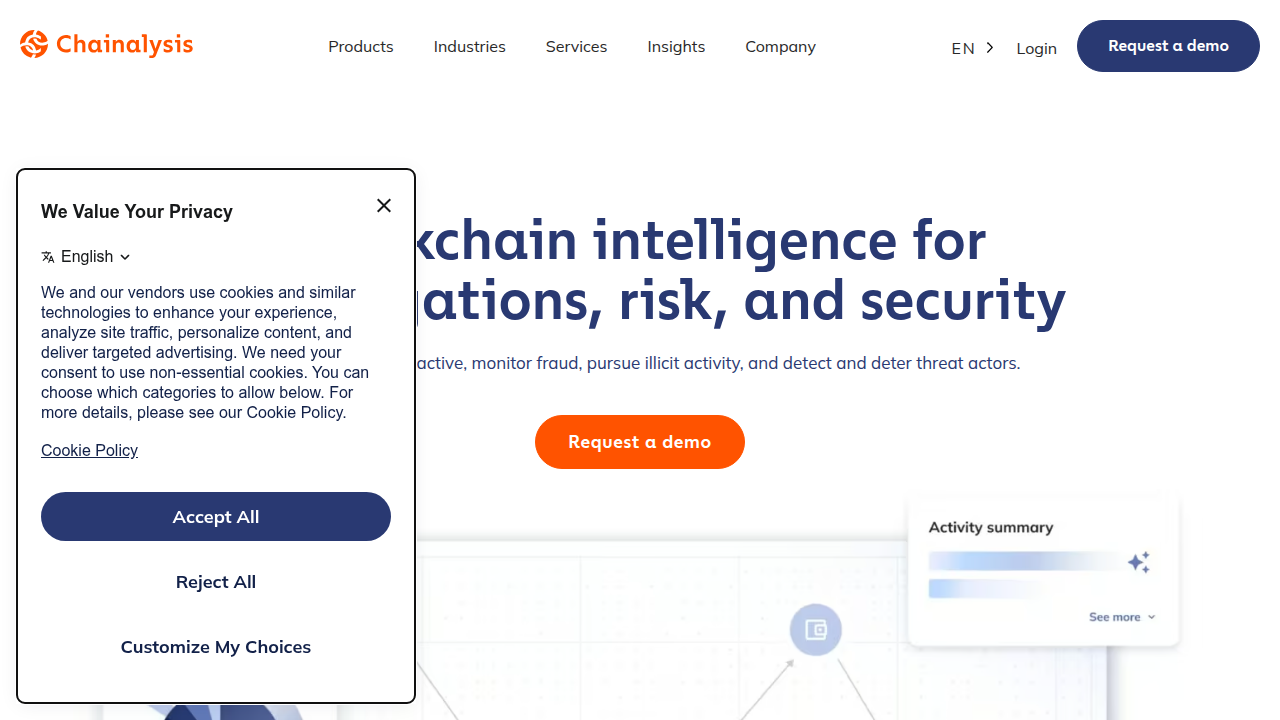 The Chainalysis homepage, a leading blockchain data platform specializing in cryptocurrency investigation and compliance, which reports on crypto scams.