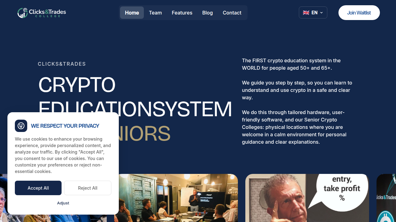 The homepage for Clicks and Trades, a resource offering practical crypto education and safety tips for beginners.