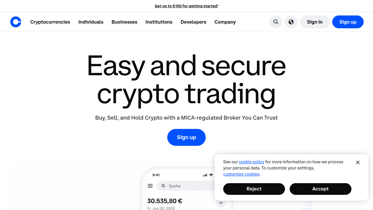 The homepage of Coinbase, highlighting its user-friendly interface designed for absolute beginners entering the cryptocurrency market.