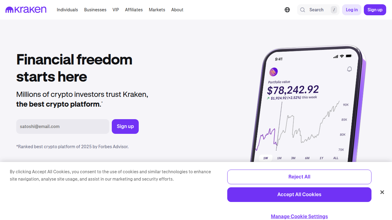 The homepage of Kraken, a cryptocurrency exchange known for balancing user-friendliness with robust features for growing investors.