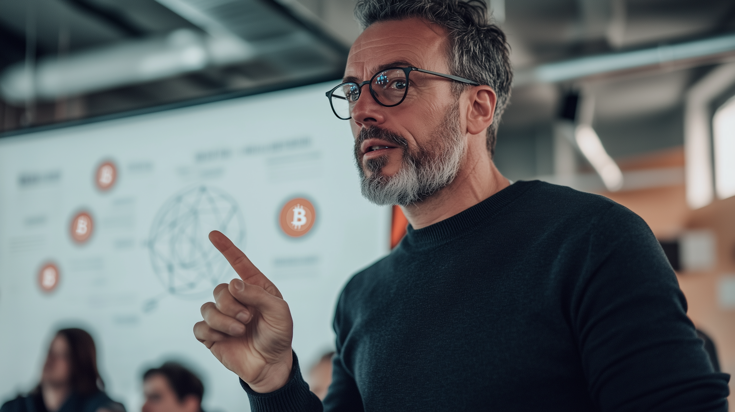 A person looking thoughtfully at a simplified digital interface, representing the demystification of complex cryptocurrency concepts.